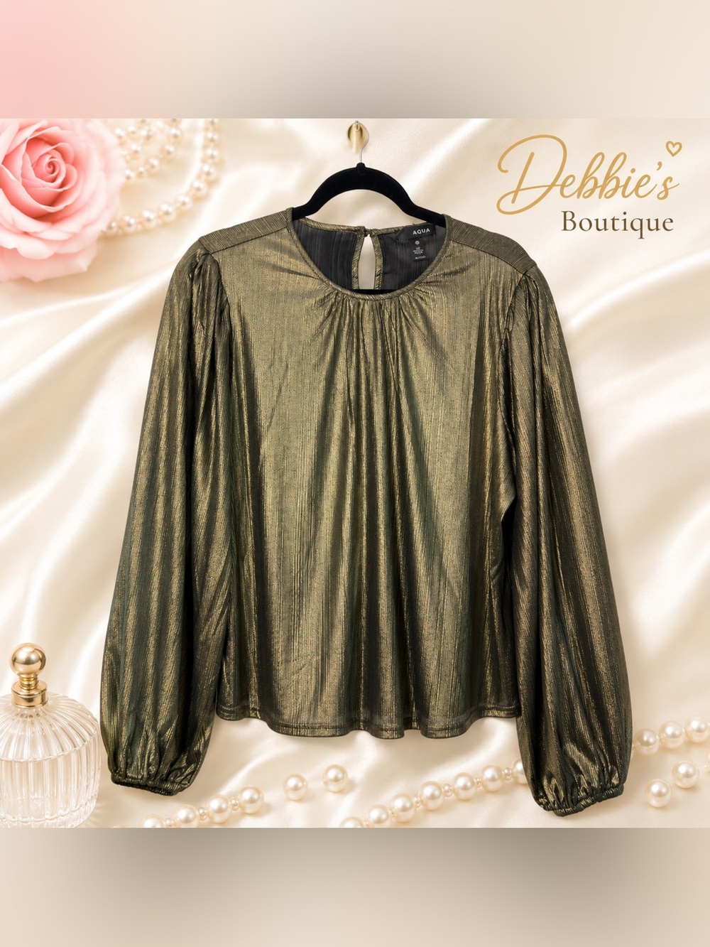 AQUA XL Metallic Olive Balloon Sleeve Blouse NWT Bloomingdale’s